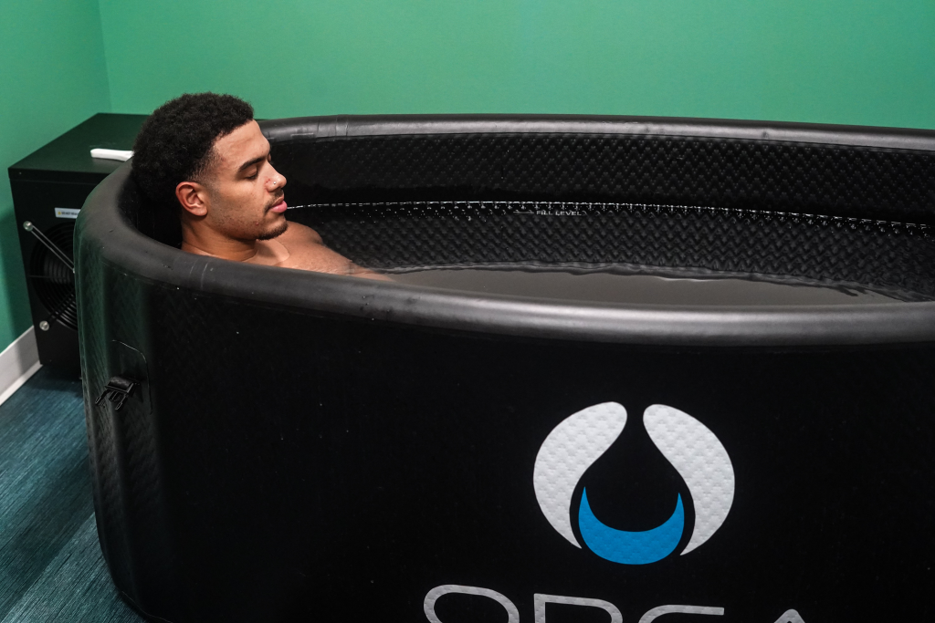 man enjoying a cold plunge